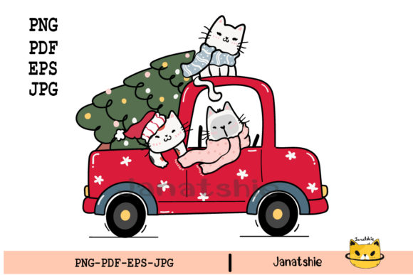 Cats with Christmas Tree on Red Truck Illustrations