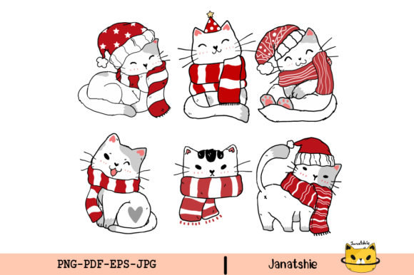 Christmas Cat Clip Art, Red Hat Illustrations for Local Branding