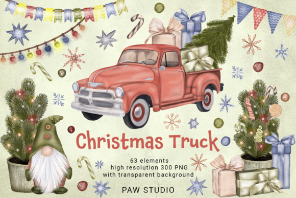 Christmas Truck Gnome Tree Garlan Winter Illustrations