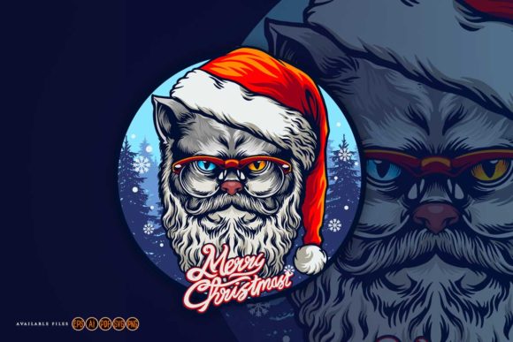 Grey Cat Merry Christmas with Forest Illustrations