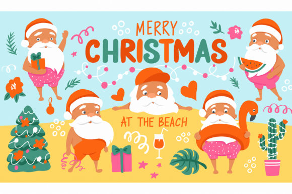 Tropical Christmas. Summer Santa Illustrations